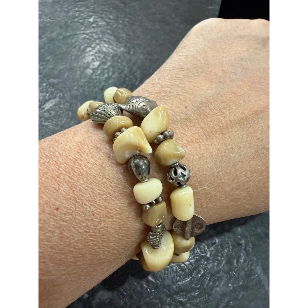 Artisan Boho Wrap Bracelet Silver Tone Fish Shell Charms Cream Stone Beads Multi
